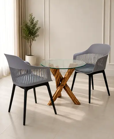 Modern Glass Top Coffee Table with Two Grey Armchairs