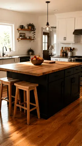 Wooden Kitchen Island with Butcher Block Top and Stools