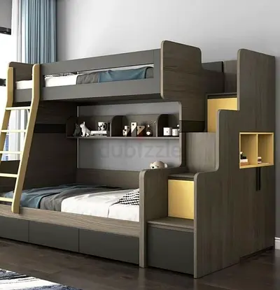 Modern wooden bunk bed with storage and stairs