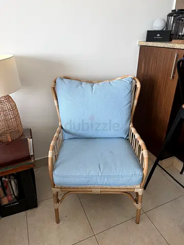Rattan Armchair with Light Blue Cushions - Good Condition