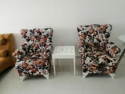 Pair of Floral Upholstered Accent Armchairs with White Legs
