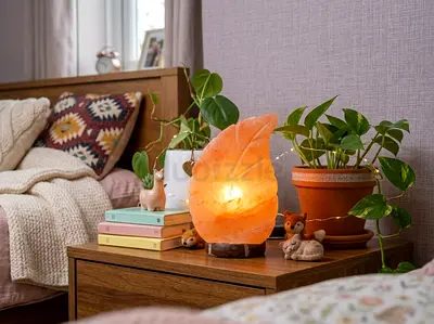 Himalayan Salt Lamp Leaf-Shaped carving with wooden base - Warm Night Light for Bedroom