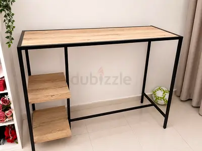 Wooden Top Bar Table with Metal Frame and Side Shelves - Light Oak