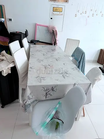 6-Seater Wooden Dining Table with Chairs (White) - Good Condition