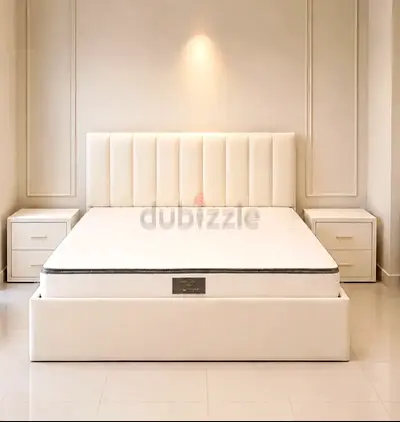 Queen size upholstered bed frame with headboard and mattress