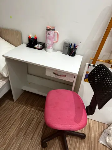 Compact white study desk with pink swivel chair - good condition
