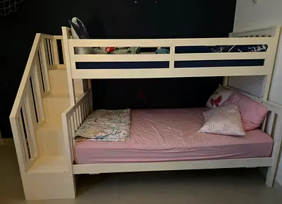 White wooden bunk bed with stair storage - good condition