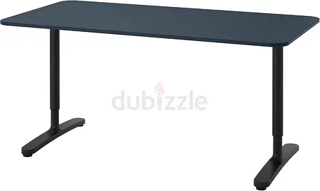 Adjustable Height Office Desk with Rounded Corners - IKEA BEKANT Desk 160×80 cm — Linoleum Blue