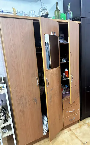 Used 3-Door Wooden Wardrobe with Mirror and Drawers