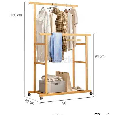 Bamboo wood double rail clothes rack with Wheels - 2-Tier, 160cm