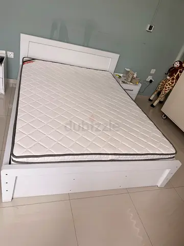 White wooden double bed frame with mattress - great condition