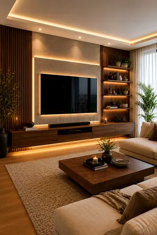 Modern wooden TV entertainment unit with built-in shelves and LED lighting