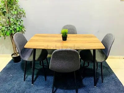 Wooden Dining Table with 4 Grey Fabric Chairs - Used, Good Condition