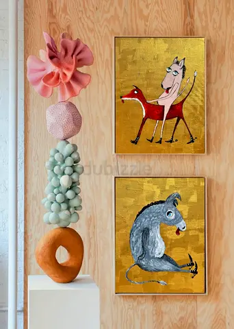 Pair of Animal Paintings on Gold Background