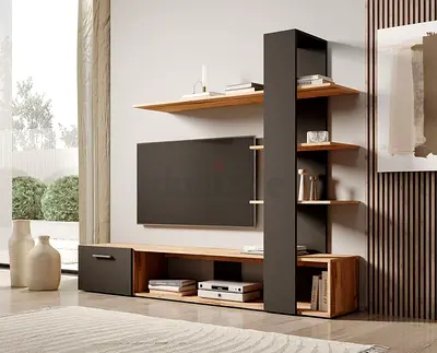 Modern TV Entertainment Unit with Shelving - Wood & Matte Black