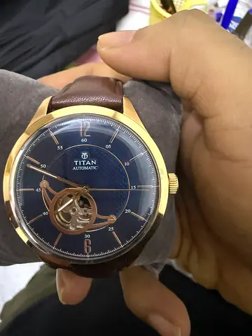 Titan Automatic Watch for Men with Blue Dial and Brown Leather Strap