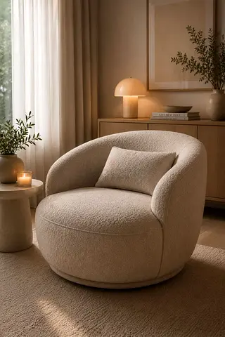 Beige Modern Swivel Bouclé Accent Chair