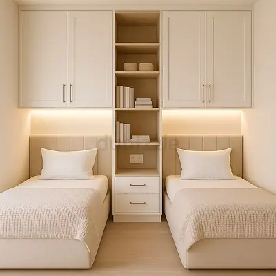 Built-in bedroom cabinets with central shelving and twin beds