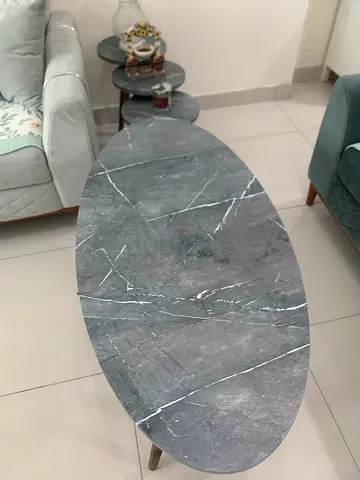 Grey Marble Top Oval Coffee Table with Metal Legs