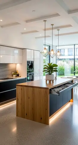Modern kitchen island with wood finish and storage