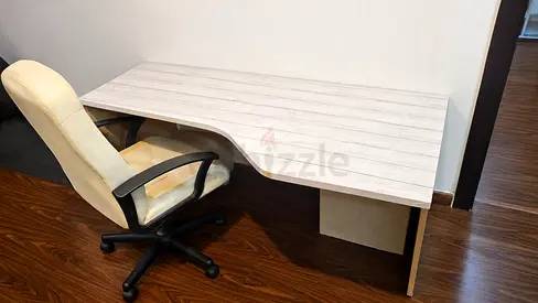 Wooden desk with ergonomic cutout and chair- good condition