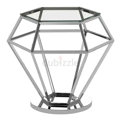 Modern Geometric Diamond-Shaped Glass & Chrome Side Table