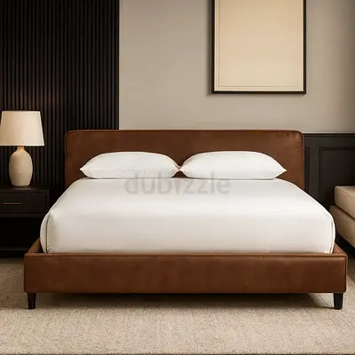 Brown leather fabric king bed frame