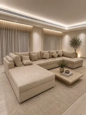 Large L-shaped Beige Fabric Sectional Sofa with Chaise — Comfortable Modern Design