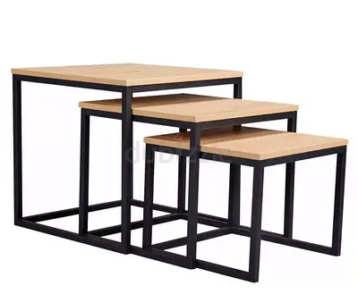 Set of 3 Nested Side Tables with Wood Tops and Black Metal Frames