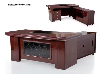 Solid Wood Executive Office Desk with Side Return - Dark Brown (L200 x W90 x H75cm)