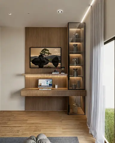 Wall-mounted wooden study desk with display cabinet - modern built-in unit