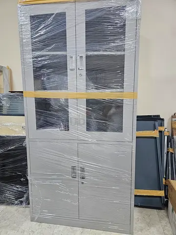 White Metal Storage Cabinets with Glass Doors - Set of 2