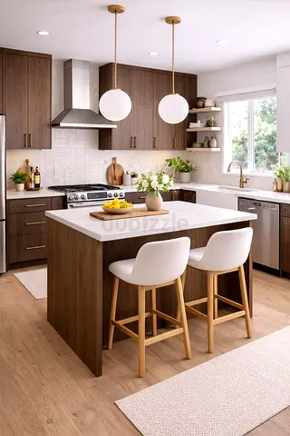 Modern wooden kitchen island with quartz countertop