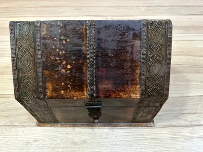 Vintage Carved Wooden Chest / Jewellery Box with Metal Inlay