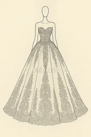 White strapless embroidered ball gown wedding dress (sketch)