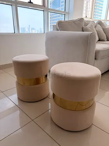 URGENT SALE- Set of 2 Round Velvet Poufs with Gold Accent - Light Beige