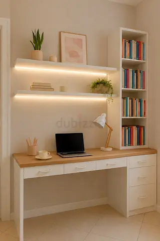 White and Oak Study Desk with Built-in Bookshelf and Drawers