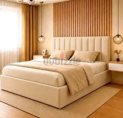 Beige Upholstered Double Bed with Headboard and Storage Base