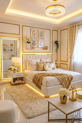 Elegant Golden Comfort Queen Size Bed. Your Sanctuary: The Luminous Gold Bed
