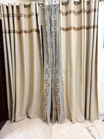 Beige Curtain Set with Decorative Trim - Good Condition
