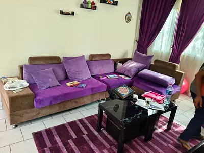 3-Seater L-Shaped Purple & Brown Fabric Sofa - Good Condition
