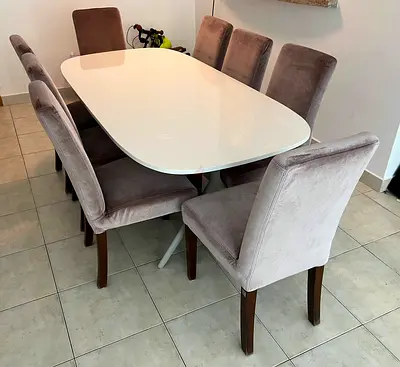 Modern White Dining Table with 8 Velvet Chairs