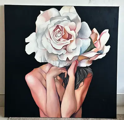 Hand-Painted Woman & Rose Oil Painting on Canvas – 80×80 cm