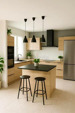 Light wood kitchen island with two bar stools and pendant lights