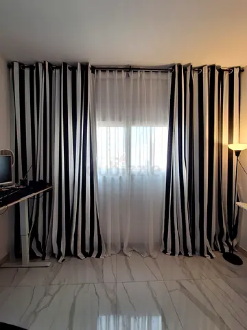 Black and white striped full-length curtains set of two with sheer inner layer (pair)
