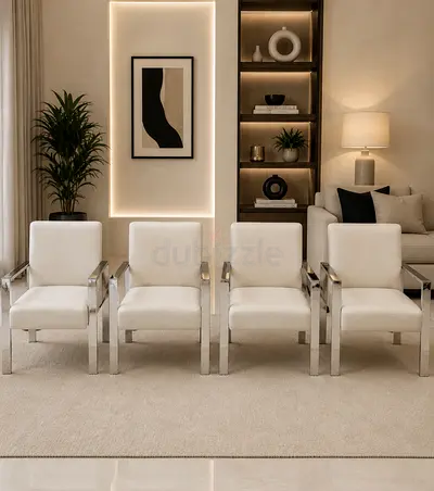 West Elm Set of 4 Modern White Leather Armchairs with Chrome Frame