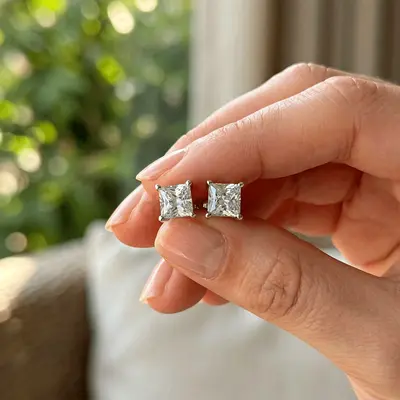 Brand new, 925 Sterling silver, moissanite princess cut earrings