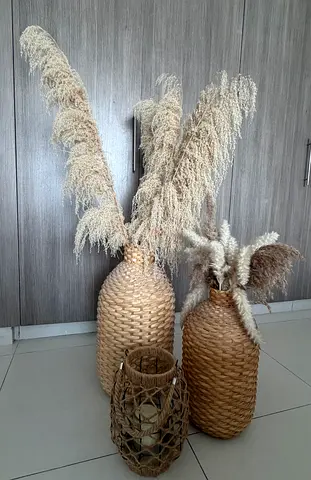 Set of 3 Woven Decorative Vases with Dried Pampas