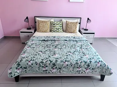 Queen bed frame with mattress and bedside tables - complete bedroom set