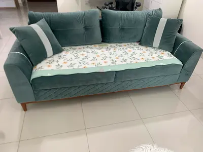 Green Velvet 3-Seater Sofa with Cushions - Good Condition